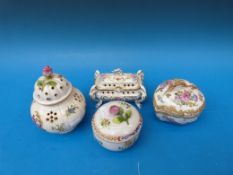 Four pieces of continental porcelain including pot pourri decorated with Watteau and botanical