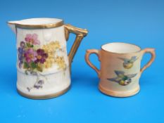 A miniature Royal Worcester jug with blue tit decoration together with a miniature Royal Worcester