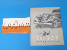 A late 1930s Talbot three litre advertising leaflet together with a Graham leaflet,