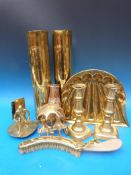 An Art Noveau brass crumb tray and brush, copper powder flask body,