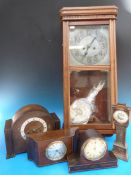A collection of mantel clocks to include a miniature grandfather clock and an Art Deco example