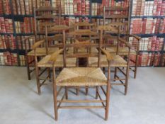 A set of six Arts and Crafts (4+2 high backed) Gimson Clissett carver chairs with rush seats