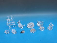 Ten Swarovski crystal animals including stag, hedgehog, tortoise, pigs, mouse, kangaroo bear etc.