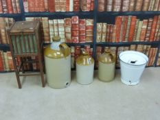 An oak sewing box together with three cider flagons and an enamel bucket