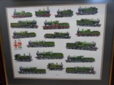 G S Cooper watercolour montage of GWR steam locomotives, 18 in all,