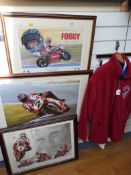A quantity of Carl Fogarty memorabilia including jackets and three framed prints