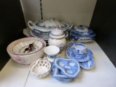 An Imari plate, various blue and white Spode, Sadler, Wedgwood,