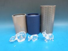 Three Swarovski crystal animals, an elephant,