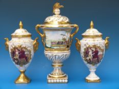 Two cased Coalport vases each with a scene of a couple together with a Coalport vase and cover to