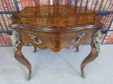 A Louis XV style burr walnut and crossbanded sidetable, with single drawer,