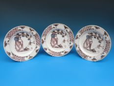 A set of three 18thC Bristol Delft plates decorated with Chinese ladies in manganese,