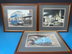 G S Cooper watercolour of the prototype Deltic (17cm x 27cm) together with a watercolour of trams