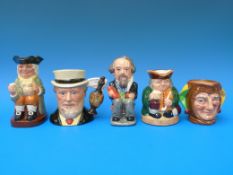 Five small Royal Doulton Toby and character jugs including Jester, Henry Doulton, Charles Dickens,