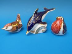 Three Royal Crown Derby paperweights robin,