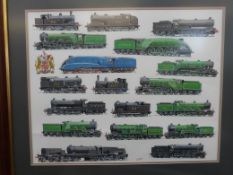 G S Cooper watercolour montage of LNER steam locomotives, 18 in total,