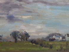 Impressionist oil landscape with buildings,