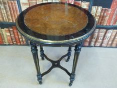 An Aesthetic style burr walnut, ebonised and gilt circular side table (D53cm,