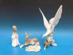 Lladro Tortola bird figure, donkey and two child figures (most boxed).