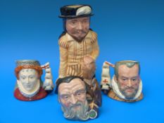 Four Royal Doulton character jugs, D6536 Merlin, D6822 King Philip II of Spain,