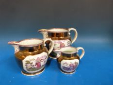 Three graduated Sunderland Lustre jugs Faith,