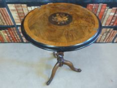 A 19thC burr walnut and marquetry inlaid side table with spiral stem (D52cm,