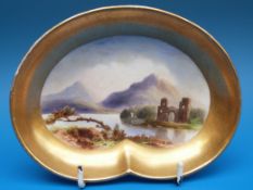 A hand-painted Coalport kidney-shaped trinket dish with lake,
