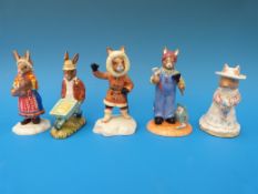 Four Royal Doulton Bunnykins figures and a Royal Doulton figure Poppy Eyebright