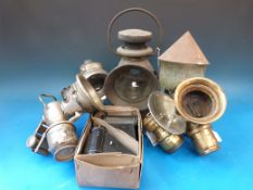 Six motoring and other lamps, many by Lucas and a boxed pair of No 68 A. R. P.