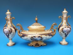 A hand-painted Wedgwood pedestal pot pourri and lidded vases garniture set with reticulated lids