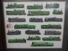 G S Cooper watercolour montage of Southern Railway steam locomotives, 18 in total,
