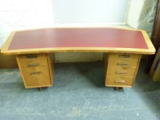 A retro 1960's leather inset concave twin pedestal desk (W210, D95,