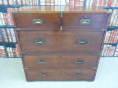 A 19thC metal bound two part mahogany campaign chest of two over three drawers (W 99, D45,
