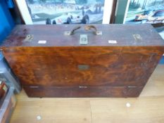 A vintage wooden tool chest with two drawers to the interior and various vintage tools