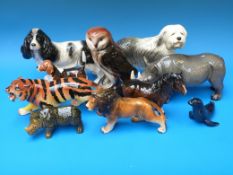 A quantity of ceramic animals including rhinoceros, dogs,