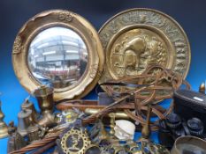 A collection of brassware etc to include WWI trench art, candlesticks, horse brasses,