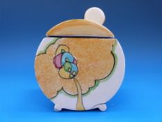 A Clarice Cliff Bonjour shaped preserve pot,
