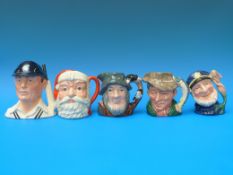 Five Royal Doulton small character jugs including Old Salt, Santa Claus, Rip Van Winkle,