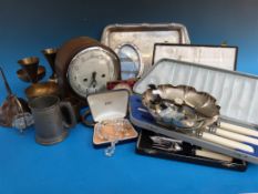 A collection of treen and metal ware to include Smiths mantel clock etc