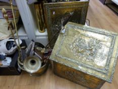 A large collection of metalware including brass coal scuttle, embossed box,