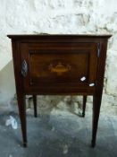 A late 19thC/early 20thC inlaid pot cupboard raised on tapering legs and spade feet (W57, D46,