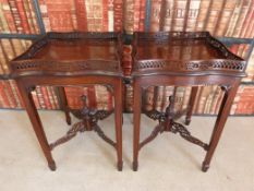 A pair of tray top mahogany sidetables with reticulated galleries and cross stretchers (48cm square,
