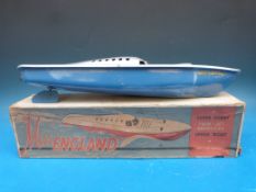 A boxed 'Miss England' steam propelled speed boat with coiled pipe engine and meths firing
