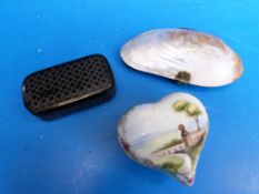 A lacquer snuff box with pewter geometric inlay,