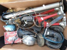 A quantity of classic car horns etc including Klaxon Jericho four luxe, Lucas mirror,