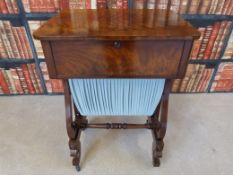 A Victorian mahogany work box with fitted segmented drawer and silk-lined well,