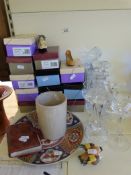 A collection of boxed 'Just the Right Shoe' collectables together with hock glasses,