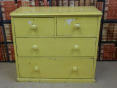 A 19thC painted pine chest of two over three drawers (W99cm, D47cm,