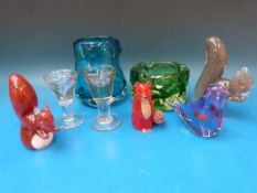 Two pieces of Whitefriars glass together with three Langham animals, two penny lick glasses,