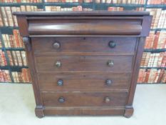 A 19C chest of two over three drawers with turned handles and cross-banded decoration (W95, D56,