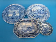 A good selection of 19thC blue and white ceramics including a game keeper dish,